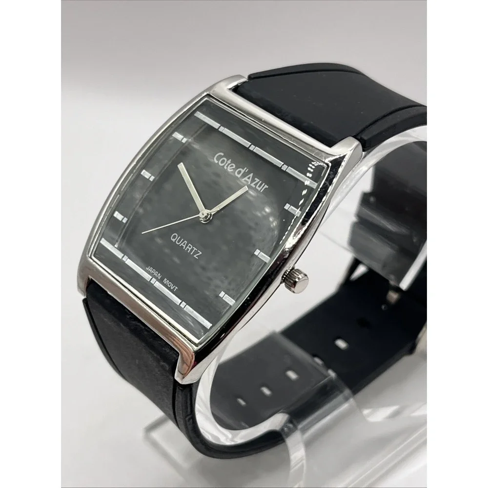 Côte d'Azur Men's Quartz Watch Black Resin Band Silver 38mm Case- New Battery‎